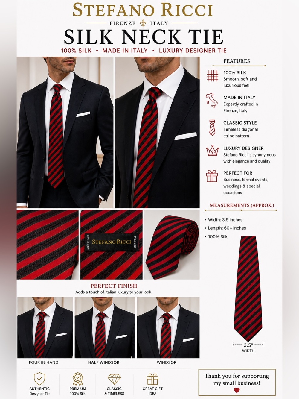 Stefano Ricci Firenze Italy Men’s Silk Tie Red Black Striped 3.5” Wide 60+” Long